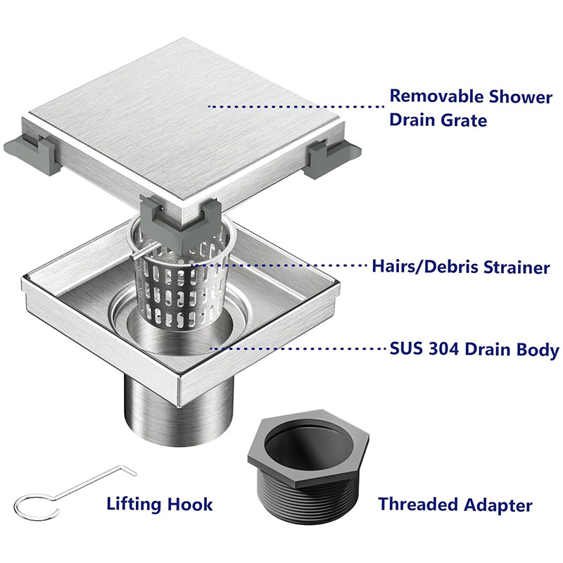 4 Inch Square Brushed Tile Insert Grate Drain