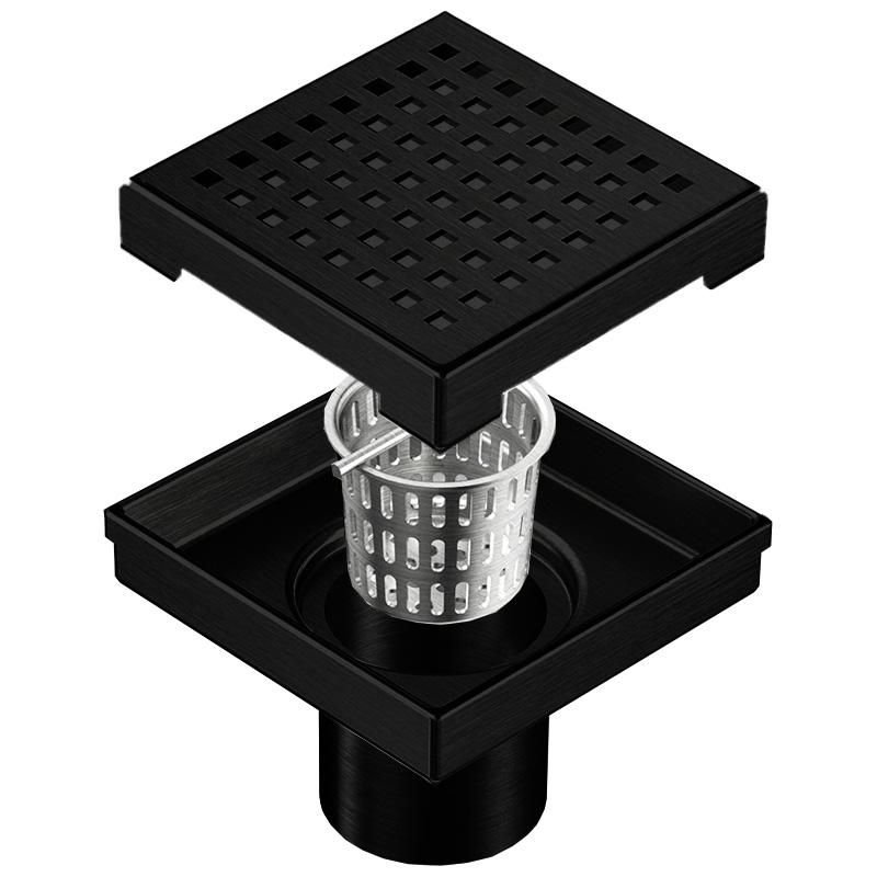 4 Inch Square Matte Black Quadrato Pattern Drain